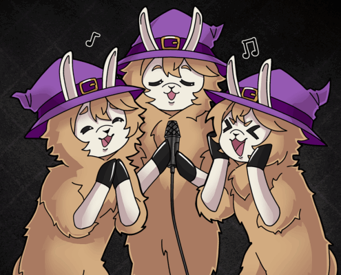 Three llamas singing around the same microphone