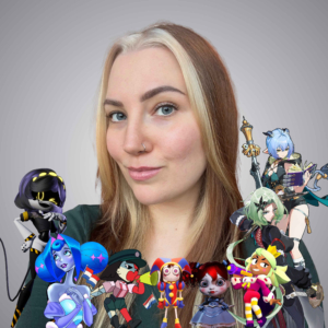 Picture of Nola Klopp, surrounded with multiple characters she has voiced