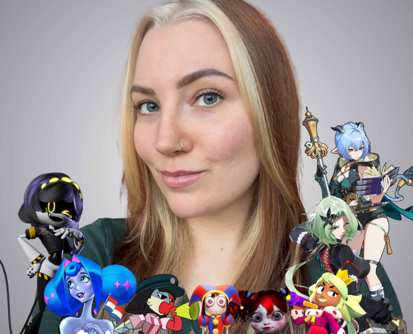 Picture of Nola Klopp, surrounded with multiple characters she has voiced